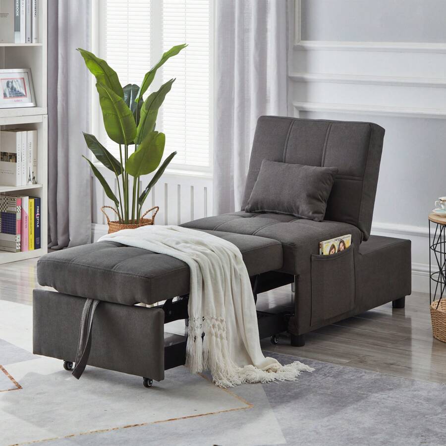 Clipeyh Modern Fabric Solid Print Convertible Chair With Adjustable Backrest, Gray
