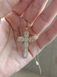 1 件男士吊坠项链，铜色几何拼布锆石吊坠项链，百搭多层配饰