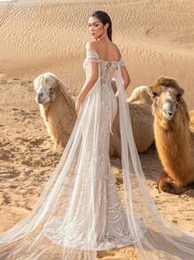 Faeriesty 奢华露肩美人鱼裙摆串珠礼服及晚礼服，适合派对、婚礼等场合，优雅迷人。 - 香檳色 - 查看 3