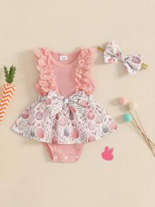 Peleles para niñas, vestidos de Pascua, encaje con volantes, estampado de huevos de Pascua, falda con dobladillo, monos para bebés con diadema - Rojo - Ver 2