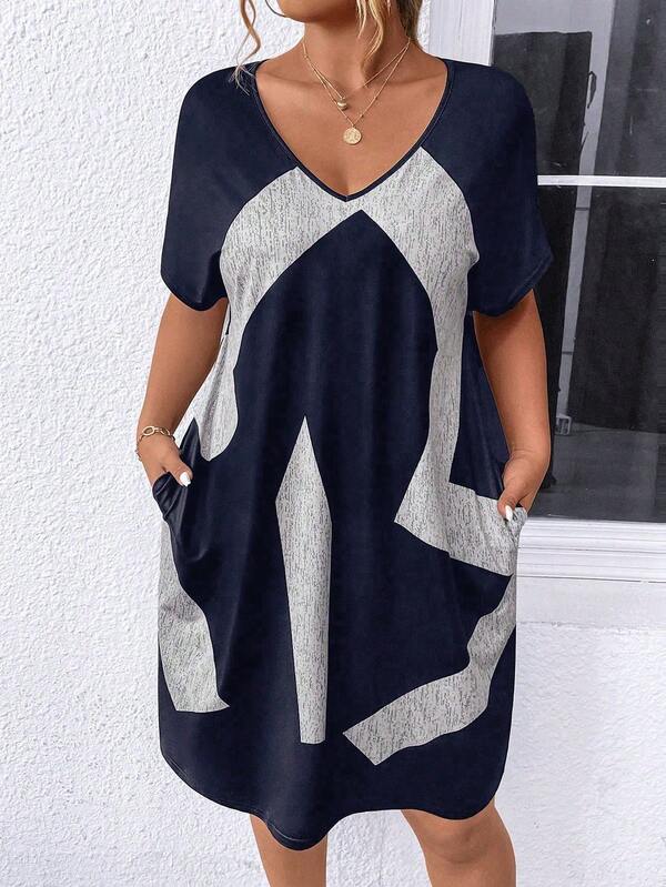 Plus Size V-Neck Printed Casual Everyday Dress