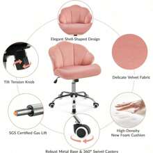 Velvet Vanity Chair With Wheels, Adjustable Home Office Chair With Shell-Shaped Back Swivel Chairs Desk Chair For Bedroom Makeup, Pink
