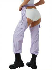 Womens Plus Size Fashion Crotchless Trousers Fashion Solid Color High Waist Long Pants With Chain  Belt - Purple - View 4