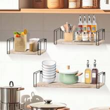 3x Floating Shelves Wooden Wall Mounted Shelves Storage And Display Racks Metal Brackets For Kitchen Bathroom Bedroom Living Room Office Rustic StyleRoom Decor - Wood Color - View 3