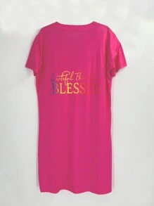 [Medium Stretch V Neck Dress] Plus Size Casual Dress, Women's Plus Ombre Letter Print Short Sleeve V Neck Medium Stretch Loose Fit Dress With Pockets - 粉色 - 查看 2