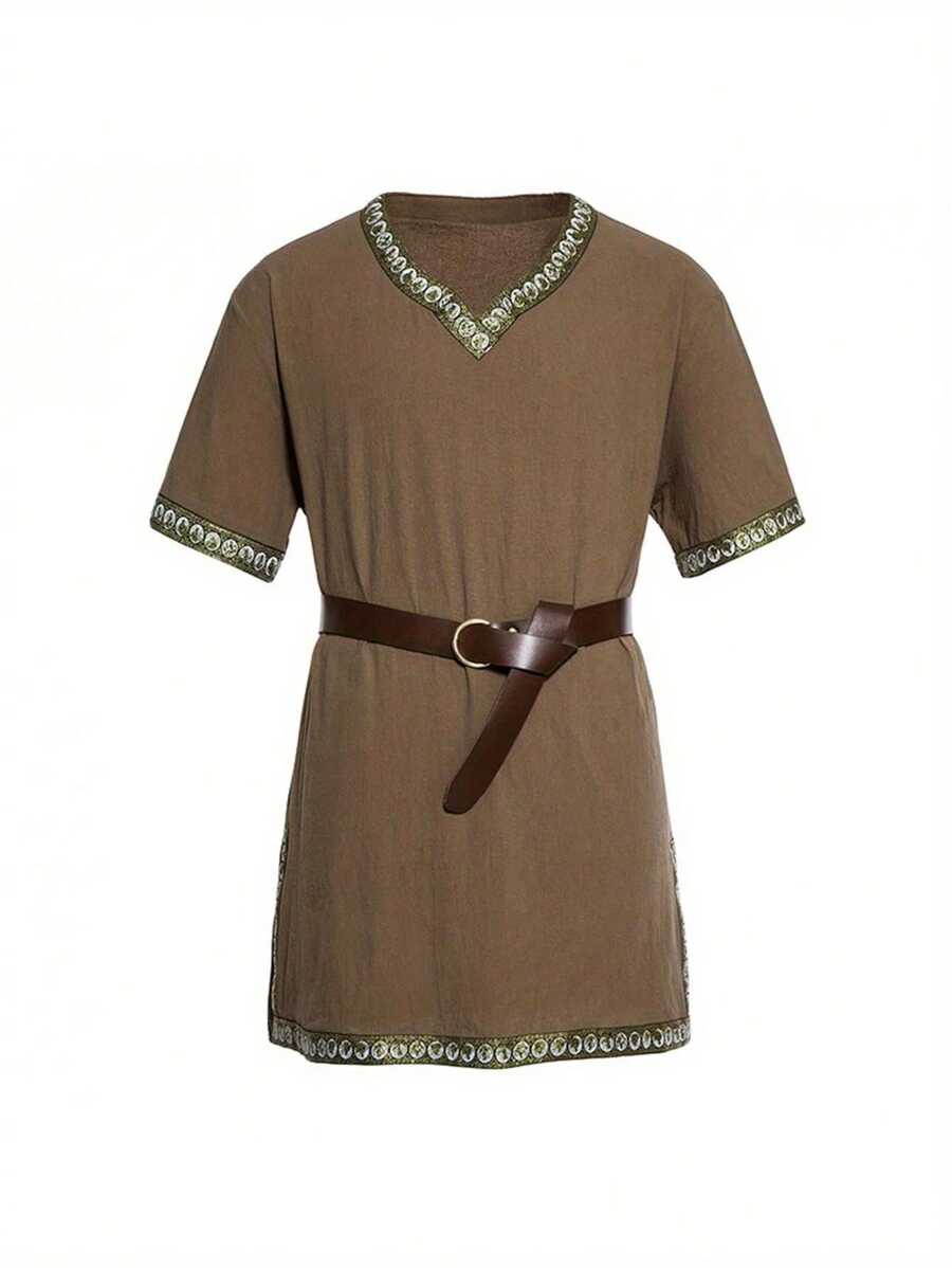 Men Medieval Costume Renaissance Templar Tunic Viking Knight Pirate Vintage Warrior Halloween Cosplay Party Tops - Brown - View 1