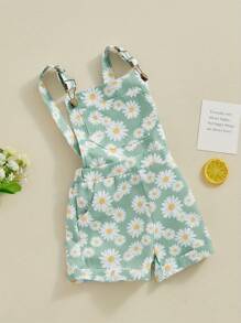 Kids Girls Jean Overalls Daisy Print Sleeveless Adjustable Strpas Imitation Denim Shortall Summer Romper Jumpsuit