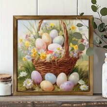 1PC Floral Easter Basket Easter Wooden Sign - Easter Canvas Wall Art - Spring Posters - Easter Print Easter Decor Vintage Farmhouse Decor Easter Egg Printable -Home Decor -Living Room, Bed Room, Hallway Decoration - Multipurpose Farmhouse Decor, Holiday Home Wall Art Gifts Birthday Graduation