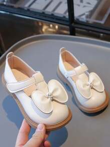 1 双女童蝴蝶结点缀简约时尚优雅皮革平底鞋，适合夏季 - 米色 - 查看 4