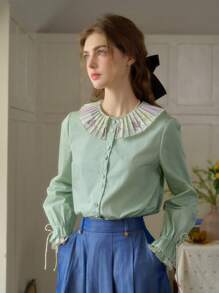 Simple Retro Women's Spring And Summer Models Holiday Style Patchwork Collar Printing Collision Green Elegant Retro Temperament Casual Long-Sleeved Shirt Blouse Top - Green - View 6