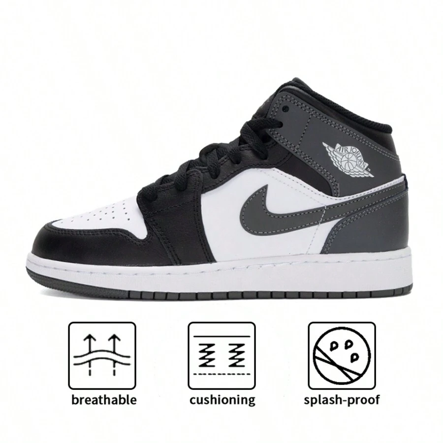 Air Jordan 1 Mid (GS) 篮球鞋，轻便，青少年训练和表演，DQ8423-001 - 黑/鐵灰/白 - 查看 1