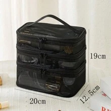 1個大容量3層網格化妝包，旅行盥洗用品收納袋，雙層儲物，便攜式旅行化妝收納盒 - 黑色 - 查看 4