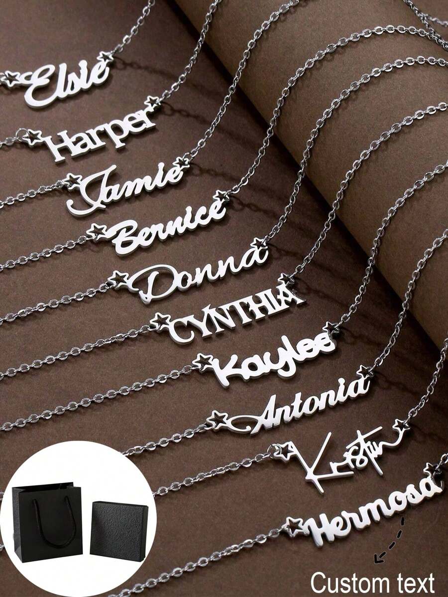 1PC Personalized Children Boys And Girls Simple DIY Name Stainless Steel Necklace, Fashionable Personalized Simple Cursive Alphabet Font Stainless Steel Five-Pointed Star Choker Necklace, Birthday Jewelry Family Holiday Gift For Mother On Mother Day Silver,Customized For Delicate Gift For Kids, Baby Shower,Back To School Winter Gift Ideas Boy Girl Valentine's Da(Complimentary Beautifully Packaged Gift Box)