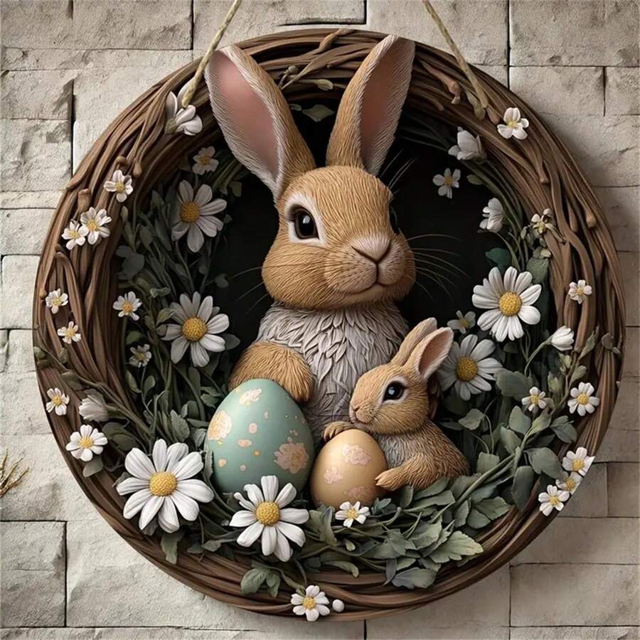 Enseigne murale décorative en bois lapin de Pâques - style bohème avec design lapin et œuf, couronne de marguerites. Décoration rustique pour la porte d'entrée, porche, salon, chambre à coucher. Décoration de printemps pour l'intérieur/extérieur, accessoires lapin. Cadeau parfait pour la famille et les amis