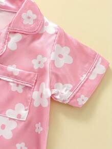 Kid Girl 2pcs Casual Pajamas, Short Sleeve Lapel Neck Floral Print Buttons Tops + Loose Short Pants Sets - 粉色 - 查看 4