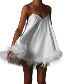 Women Fashion Mini Dress Solid Color Plush Trim V-Neck Chain Spaghetti Strap Sling Dress Summer Sleeveless Backless Party Dress - 白色 - 查看 4