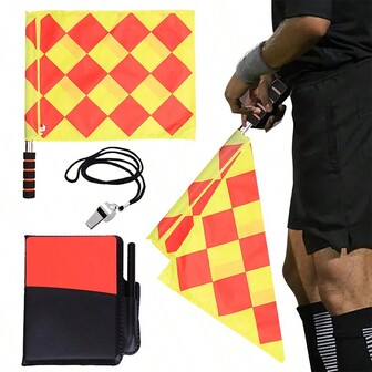 1set Soccer Referee Flag Set,Football Linesman Flags,Red Yellow Cards With Notebook And Pencil,Referee Whistles With Lanyard, For Sports, Soccer, Football, Basketball