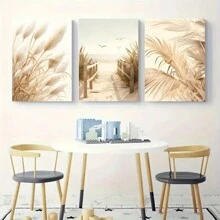 Set de 3 láminas de arte de pared de estilo bohemio de color beige sobre lienzo, impresiones sin marco de hojas y paisaje costero moderno, decoración versátil para interiores y exteriores para dormitorio, sala de estar, comedor, baño, dormitorio - Colección de pósteres artísticos - Albaricoque - Ver 5