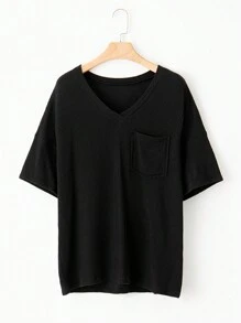 CILKOO Women's Loose Twist Textured V-Neck Short Sleeve T-Shirt, Spring/Summer - Black - View 5