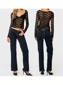 Women's Spring Sheer Blouses Long Sleeve Sweetheart Neck  Lace Party T-Shirts - Black - View 4