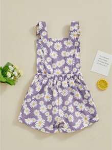 Kids Girls Jean Overalls Daisy Print Sleeveless Adjustable Strpas Imitation Denim Shortall Summer Romper Jumpsuit - 紫羅蘭 - 查看 4