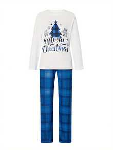 Family Matching Mom Christmas Pajamas Christmas TreeLetter Print Long-Sleeved Tops + Plaid Trousers Sleepwear Outfits