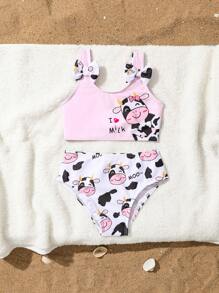 2 Pcs Cute Cow Print Sports/Swimming/Holiday Wear, Spring/Summer - Pink - View 2