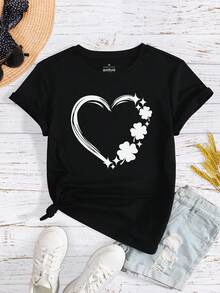 女士短袖 T 恤，常规版型爱心三叶草印花 T 恤，女士圆领舒适休闲运动短袖上衣，女士黑色衬衫，春夏服饰