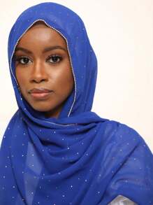 1pc Women's Rhinestone Chain Chiffon Headscarf, Islamic Fashion Solid Color Scarf, Muslim Sunscreen Hijab Headwrap, Suitable For Daily Wear