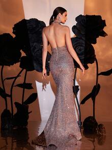 Vestido largo de noche con escote en V, espalda descubierta, bajo con abertura y lentejuelas, vestido de fiesta, vestido de invitada de boda, vestido de gala - Albaricoque - Ver 7