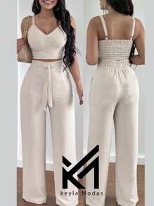 Luxury Women's Set | Sand | Palazzo Pants And Cropped Top With Cups | Adjustable Straps Duna 2025 Shik - 米色 - 查看 2