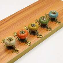 5 Pack Retro Ceramic Knobs,Vintage Dresser Kitchen Petal Cabinet Pulls Rustic Zinc Alloy Base Back Plate Kid Cupboard Wardrobe Drawer Door Handles (Leopard Print Yellow)