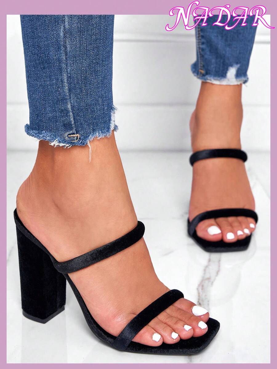 时尚新款方头粗跟女士凉鞋露趾防滑凉鞋 - 黑色 - 查看 1