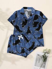 2pcs Women Black Cat Print V-Neck Button Short Sleeve Top And Pants Pajama Set, Comfortable Summer Sleepwear For Home Wear - Blue - View 1