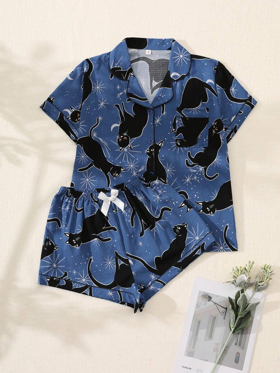 2pcs Women Black Cat Print V-Neck Button Short Sleeve Top And Pants Pajama Set, Comfortable Summer Sleepwear For Home Wear - Blue - View 1