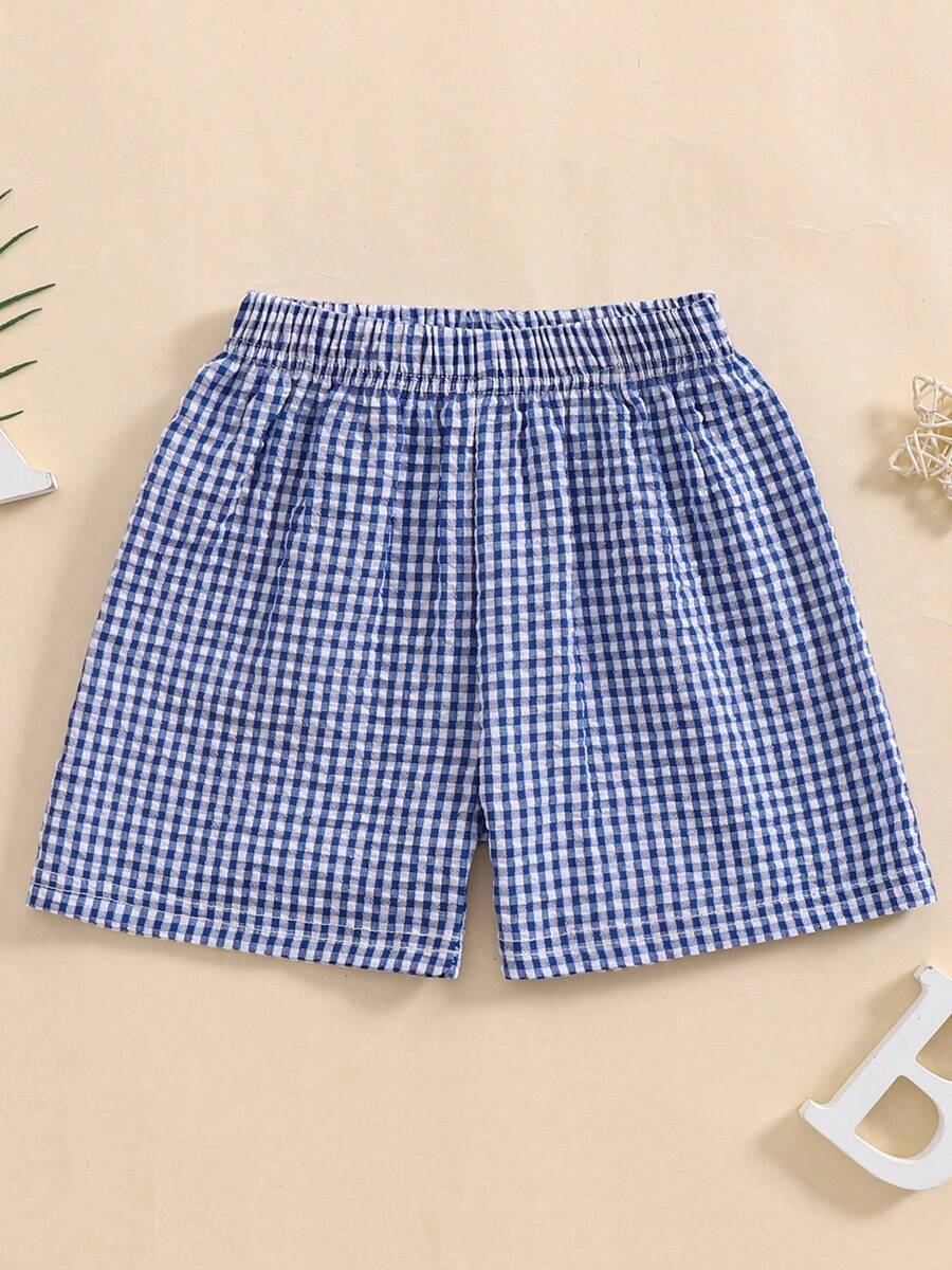 Toddler Baby Boy Girl Shorts Gingham Plaid Shorts Summer Casual Elastic Waist Shorts Pants Bottoms - 藍色 - 查看 1