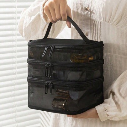 1 peça, bolsa de cosméticos de malha de 3 camadas de grande capacidade, organizadora de artigos de higiene pessoal para viagem com armazenamento de camada dupla, estojo de ferramentas portátil, viagem de verão, decoração de banheiro para casa de férias, organizador de maquiagem para feriados, acessórios de banheiro, volta às aulas