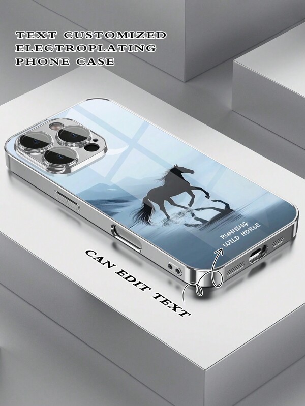 1 pieza Funda de vidrio personalizada con texto, carcasa enchapada, compatible con iPhone 16 Promax/16/15 Pro/14 Promax/11 Promax/12/13 Pro/7 Plus/13 Promax, diseño de caballo corriendo, texto personalizado, estilo de pareja, con protector de lente de cámara, lujo minimalista