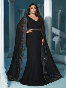 QOQ Noble Elegant Black Hot Drill Rhinestone Cloak Sleeve Umbrella Hem Plus Size Gown Dresses For Banquet, Evening Party - Black - View 3