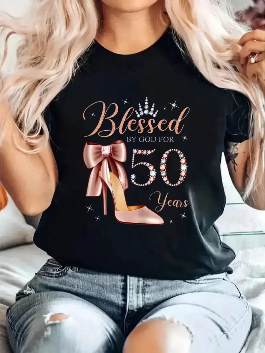 50 Years Old 50Th Birthday Party Queen Print T-Shirt, Casual Crew Neck Short Sleeve Comfort Tee Top For Spring & Summer, Women's Clothing