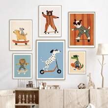 1pc Funny Animals Rabbit Dog Bear Cat Skateboard Posters Prints Wall Art Canvas Neutral Nursery Pictures For Baby Kids Room Decor No Frame - Multicolor - View 3