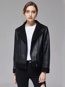 La versión coreana de la chaqueta de PU de la mujer es una chaqueta de locomotora suelta y corta - Negro - Ver 1