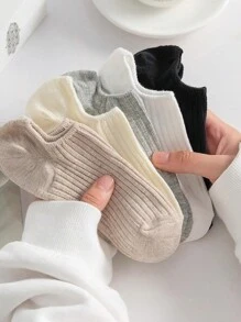 5 Pairs Women's Solid Color Rib Ankle Liner Short Invisible Socks, Thin Breathable Non-Slip Hidden Boat Socks For All Seasons