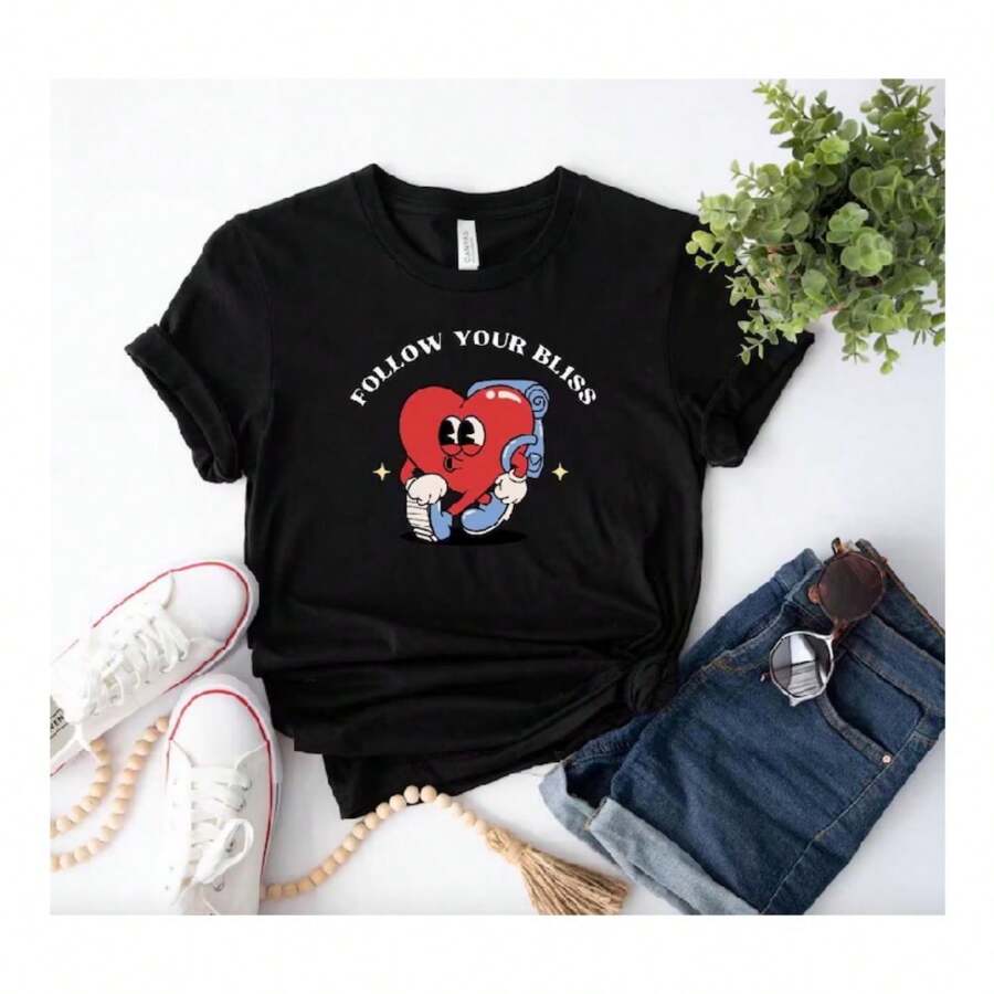 Follow Your Bliss T-Shirt - Retro Heart Graphic Tee, Cute Motivational Design, Trendy Unisex Shirt
