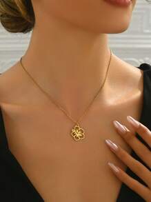 1 pieza Collar de flor hueca de estilo francés minimalista para mujeres, joyería de acero inoxidable para uso diario, San Valentín