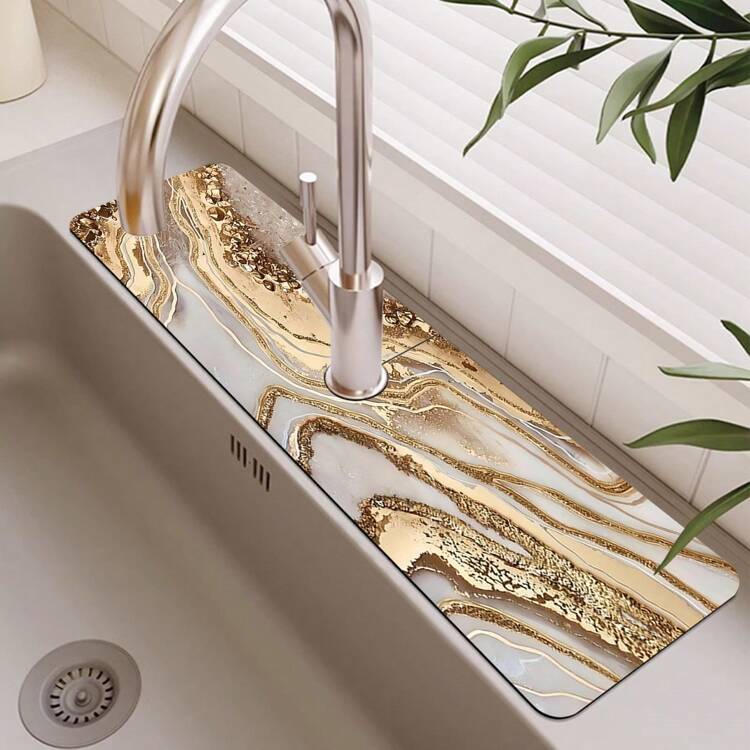 1pc, Marble Texture Diatom Ooze Faucet Absorbent Pad, Cuttable, Bathroom Faucet Splash Pad, Moisture-Proof Anti-Slip Faucet Pad, Kitchen Countertop Accessories. - Multicolor - View 10