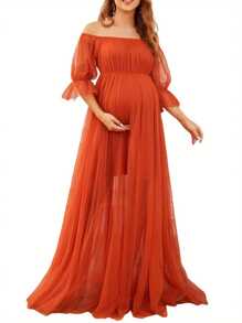 Women's Long Maternity Dress Off Shoulder Short Sleeve Tulle Gown Pregnancy Dress For Photoshoot