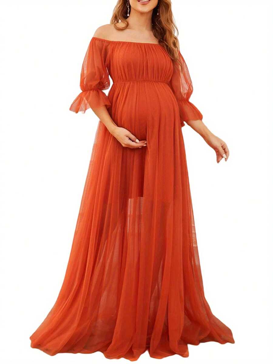 Women's Long Maternity Dress Off Shoulder Short Sleeve Tulle Gown Pregnancy Dress For Photoshoot