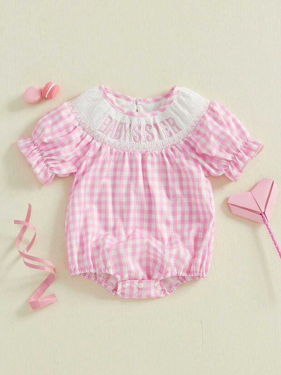 Baby Girl Short Sleeve Romper Letter Embroidered Plaid Smocked Round Neck Ruffled Summer Jumpsuits - Pink - View 1