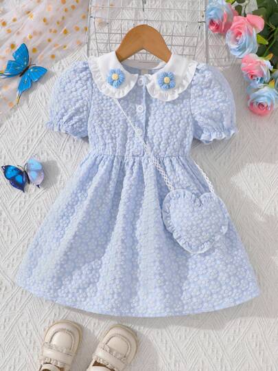 Young Girls Spring/Summer Jacquard Fabric Peter Pan Collar Floral 3D Decor Elegant Cute Style Dress, With Heart Handbag